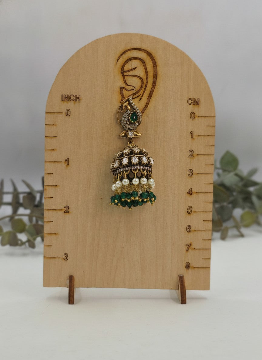 Gold Plated Polki Peacock Jhumka Earrings with Green Bead Drops – Wedding & Festive Wear