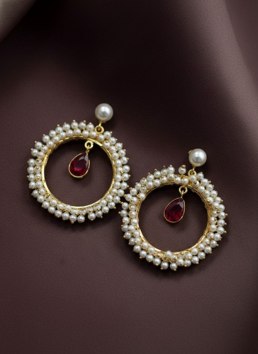 Antique Gold plated Pearls Circular Earrings with Monalisa Stone Drop for Women