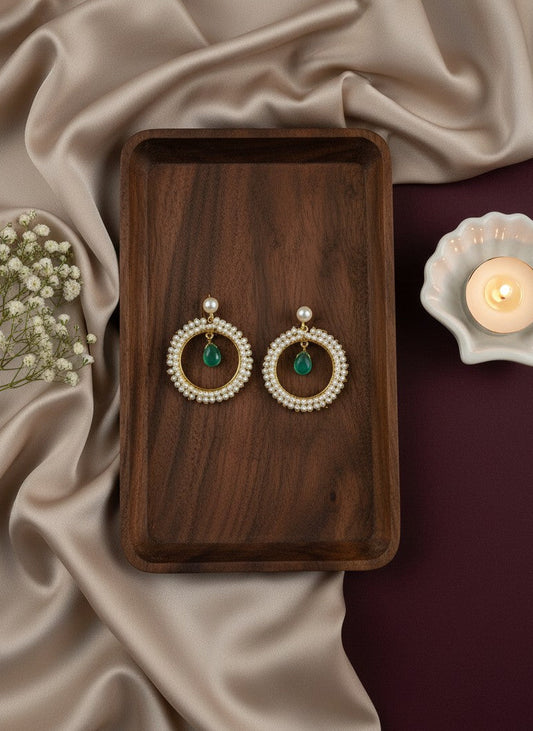 Antique Gold plated Pearls Circular Earrings with Monalisa Stone Drop for Women - Special Occasions