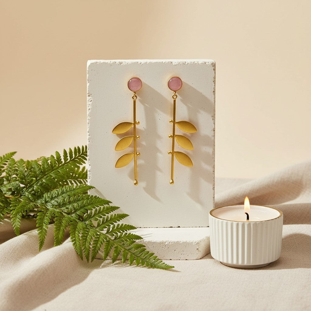 Gold Plated Trendy Leaf Danglers with Monalisa Stone for Women