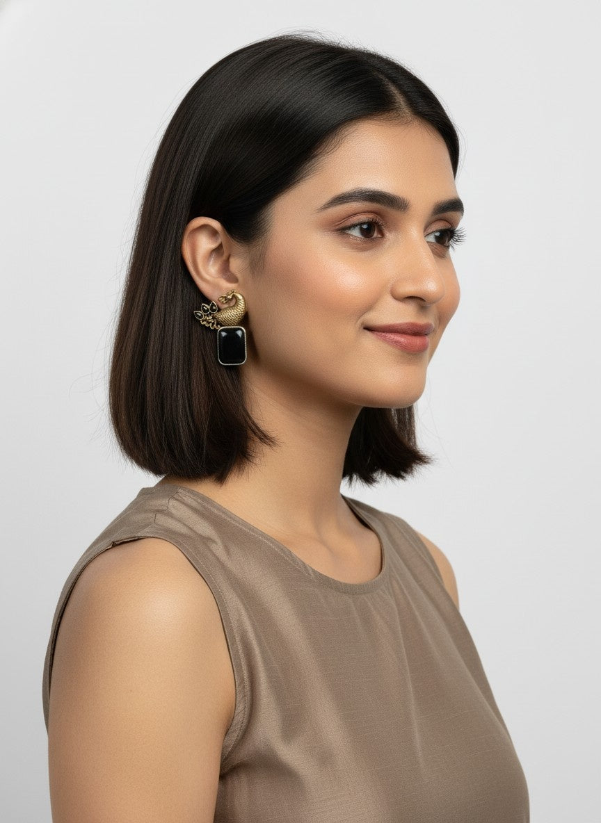 Traditional Two-Tone Peacock with ethnic stonework Earrings