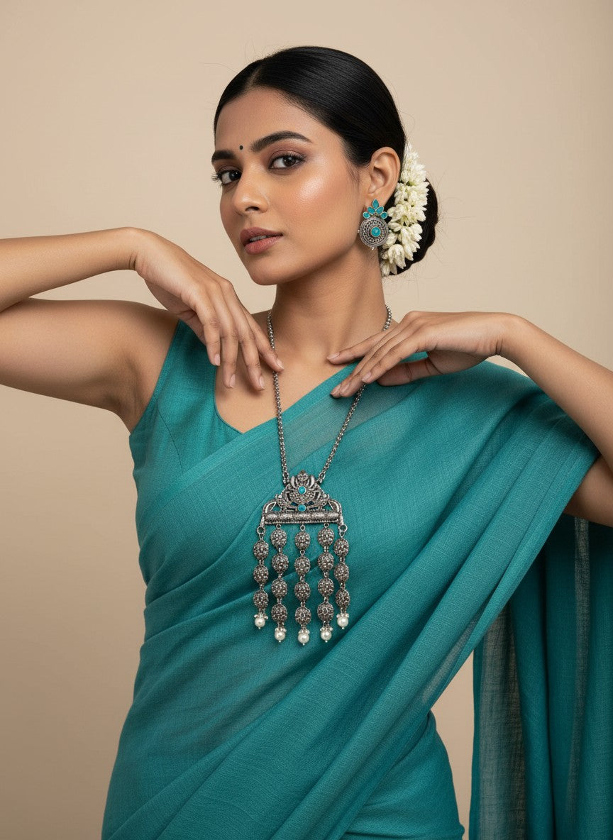 Silver Oxidized Elephant Motif Necklace Set for Women