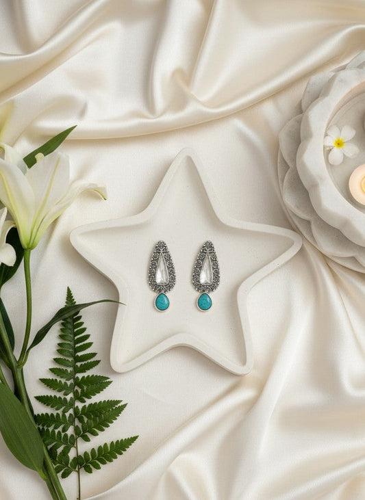 Traditional Silver Oxidized Floral Drop Earrings with Stone & Pearl work for Women