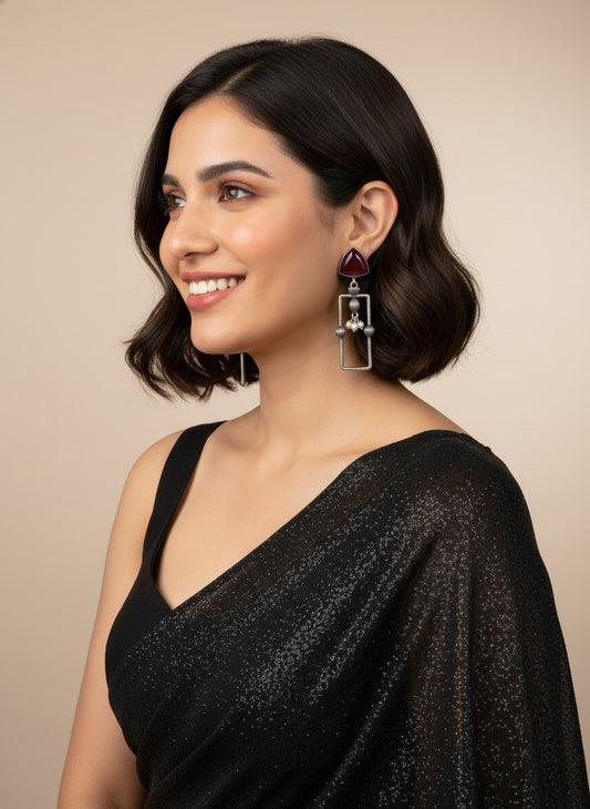 Statement Silver Oxidized Geometric Dangler Earrings with Monalisa Stones and Pearls for Women