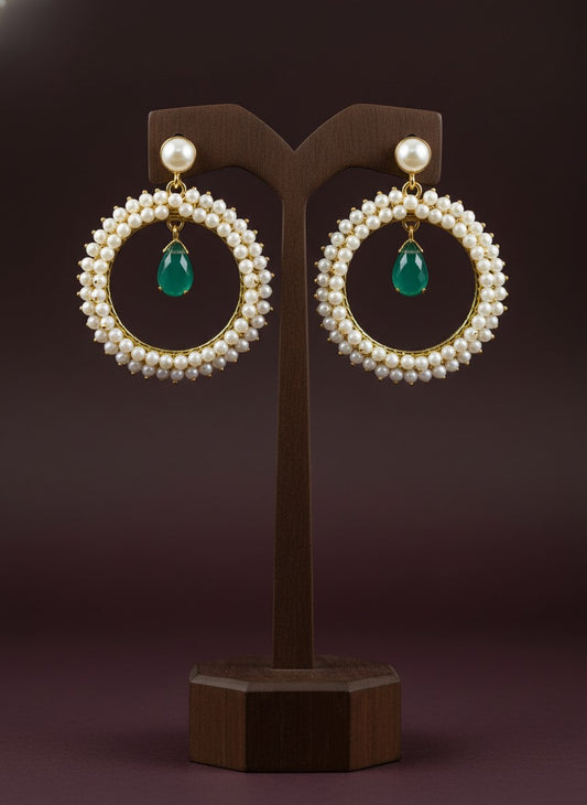 Antique Gold plated Pearls Circular Earrings with Monalisa Stone Drop for Women