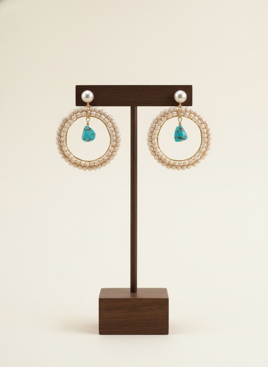 Antique Gold plated Pearls Circular Earrings with Monalisa Stone Drop for Women