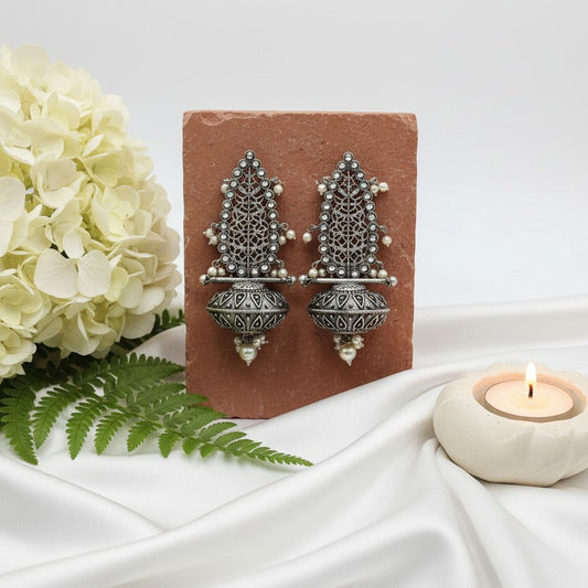 Handcrafted Silver Oxidized Earrings with Stone Pearl Work
