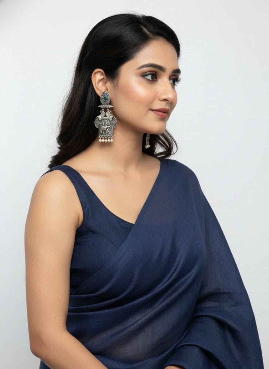 Traditional Silver Oxidized Elephant Motif Dangler Earrings with Stone & Pearl Work