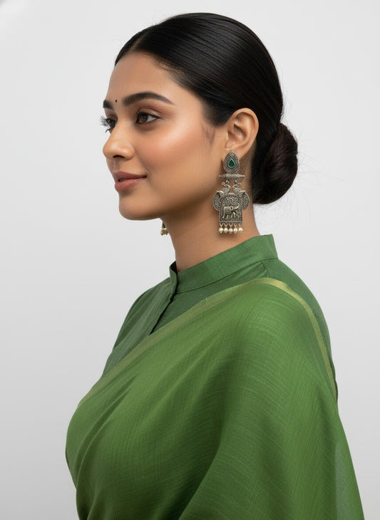 Traditional Silver Oxidized Elephant Motif Dangler Earrings with Stone & Pearl Work