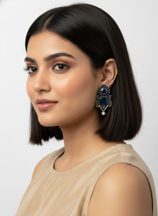 Traditional Stud Earrings with Monalisa Stone and Pearl Drop