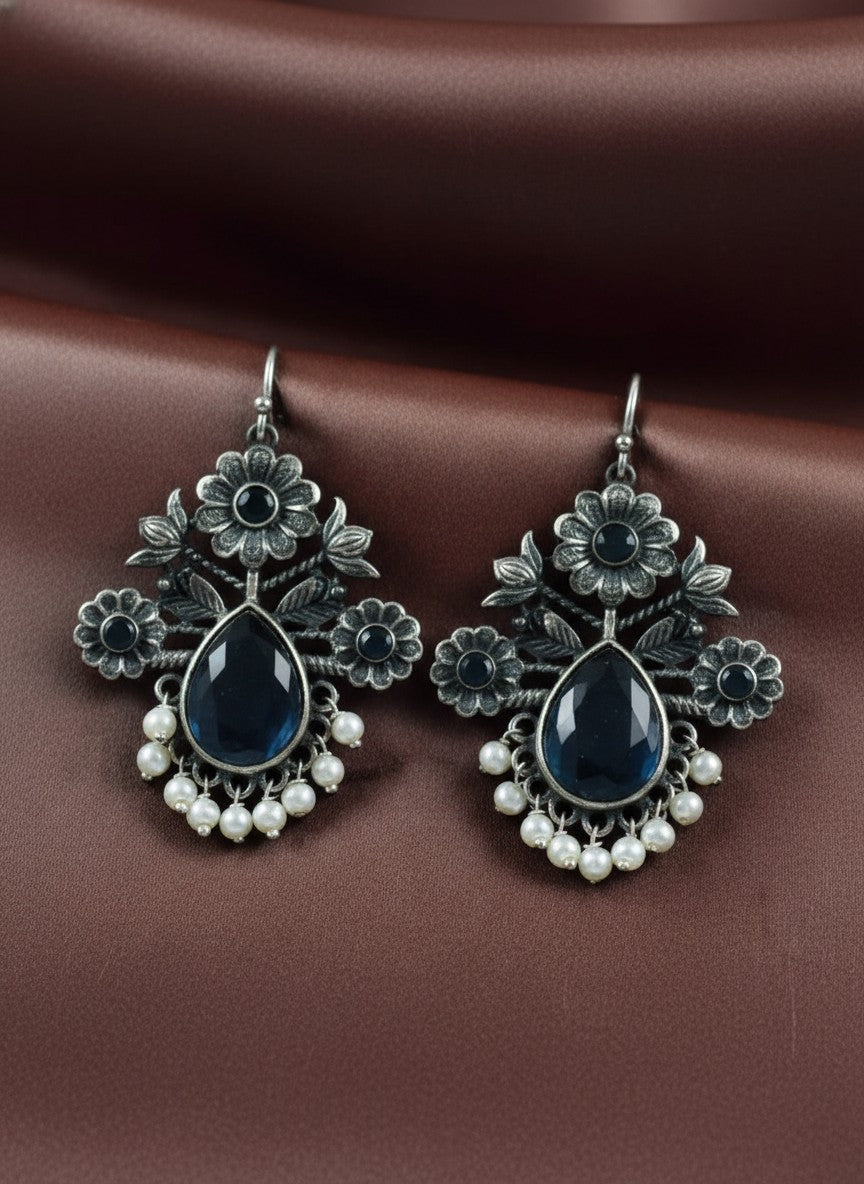 Silver Oxidized Floral Drop Earrings with Black Monalisa Stones & Pearl Cluster Detailing for Women - Office & Casual Wear