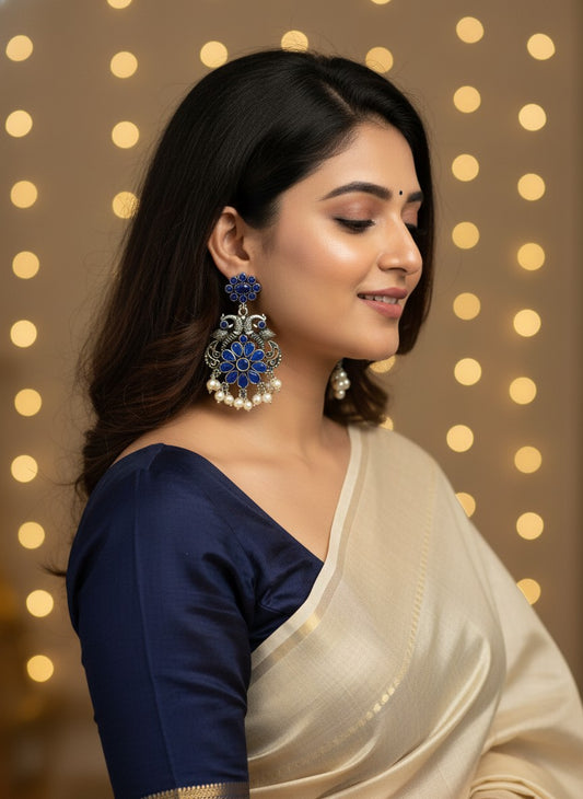 Silver Oxidized Peacock Dangler Earrings with Stone and Pearls for Women