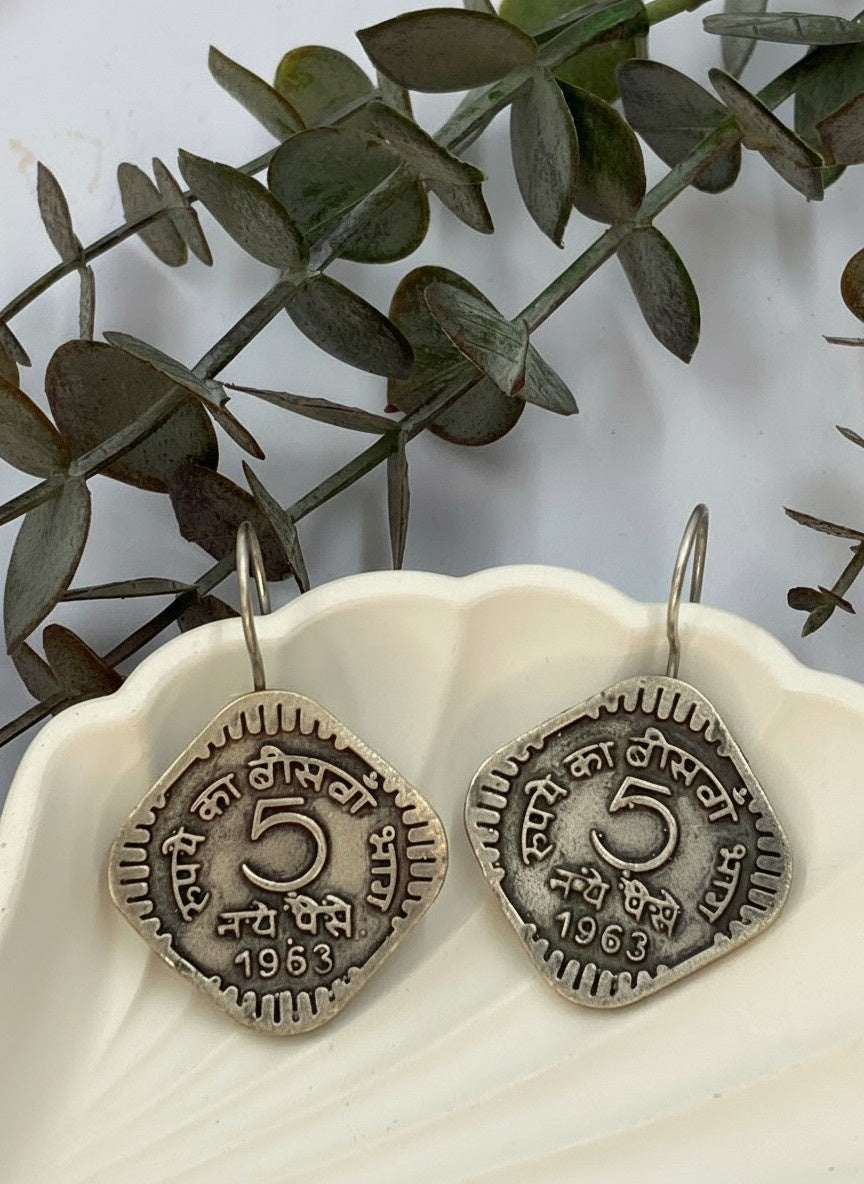 Silver Oxidized Hook Style Handcrafted 5 Paisa Coin Earrings