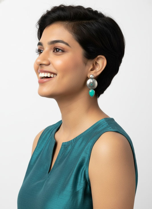 Silver Oxidized Antique Circle Stud Earrings with Stone Detailing for Women