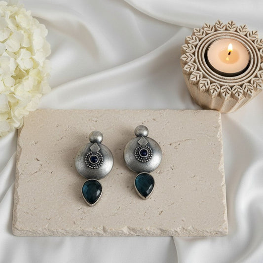 Silver Oxidized Antique Circle Stud Earrings with Stone Detailing