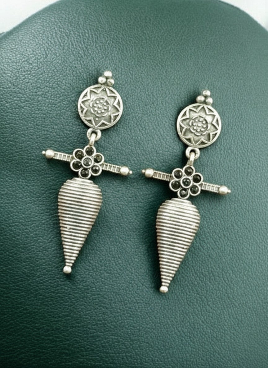 Silver Oxidized Floral Tribal Cone Drop Earrings for Women - All Occasions wear