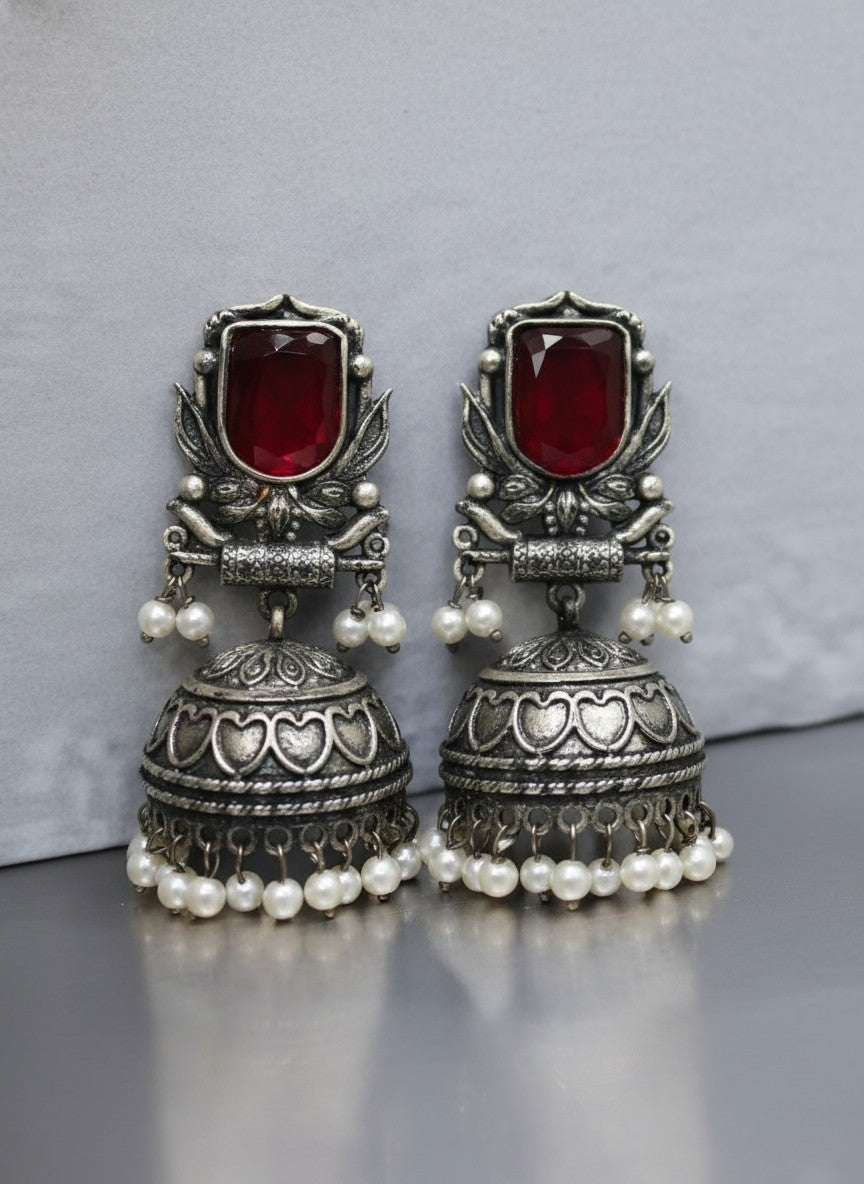 Silver Oxidized Red Stone Jhumka Earrings with Pearl Drops for Women - All Occasions