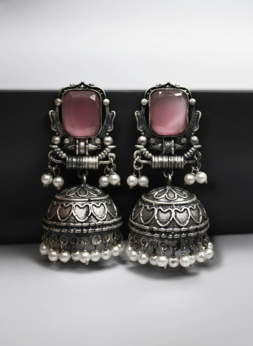 Silver Oxidized Baby Pink Stone Jhumka Earrings with Pearl Drops for Women - All Occasions