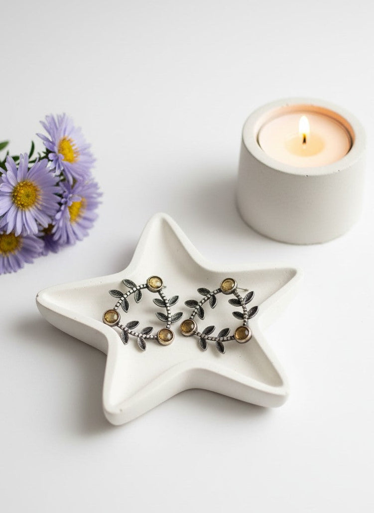 Silver Oxidized Geometric Pattern Leaf-Inspired Earrings