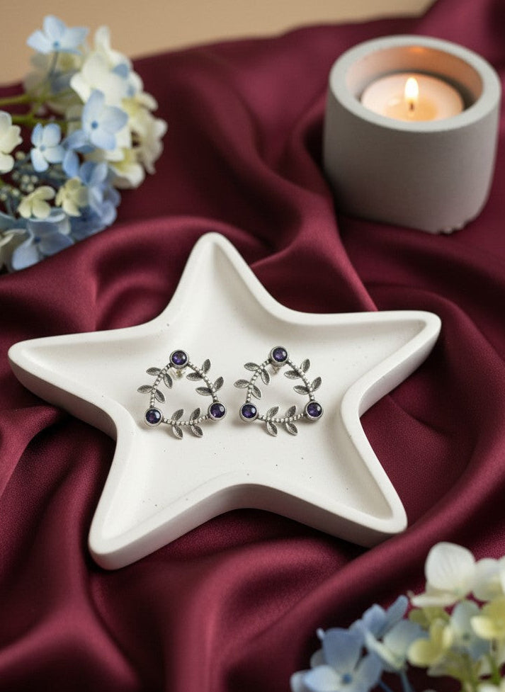 Silver Oxidized Geometric Pattern Leaf-Inspired Earrings