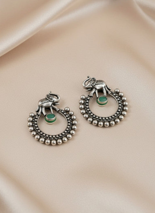 Silver Oxidized Chandbali Style Elephant Motifs Earrings
