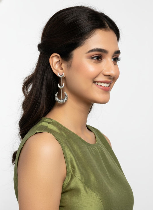 Silver Oxidized Half Moon Dangler Earrings