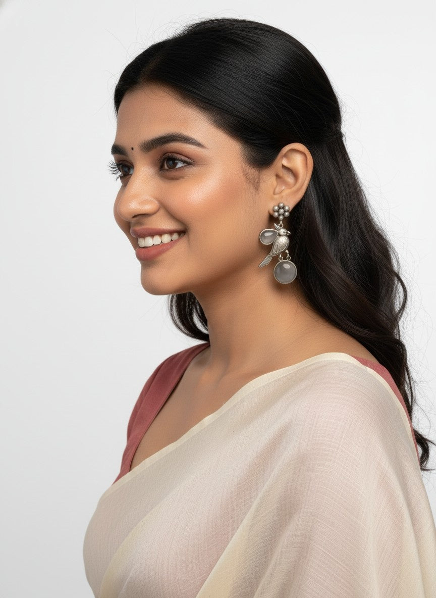 Silver Oxidized Floral and Bird Motifs Dangle Drop