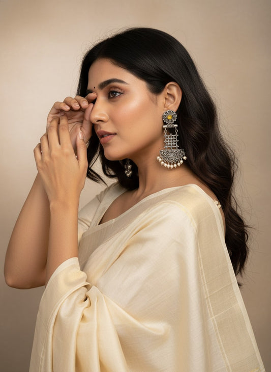 Silver Oxidized Dangler Earrings with Pearls and Monalisa Stones