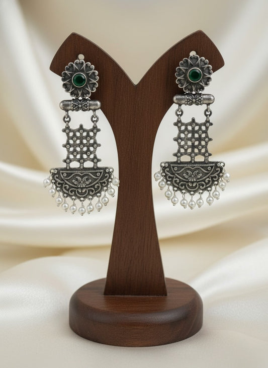 Silver Oxidized Dangler Earrings with Pearls and Monalisa Stones