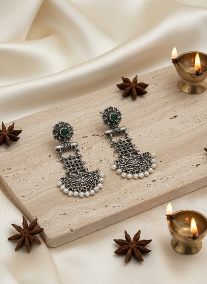 Silver Oxidized Dangler Earrings with Pearls and Monalisa Stones