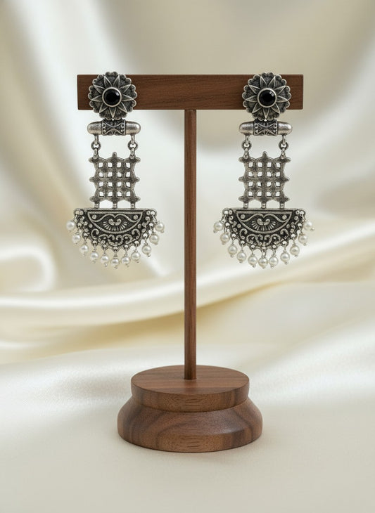 Silver Oxidized Dangler Earrings with Pearls and Black Monalisa Stones for Women - Occasion Wear