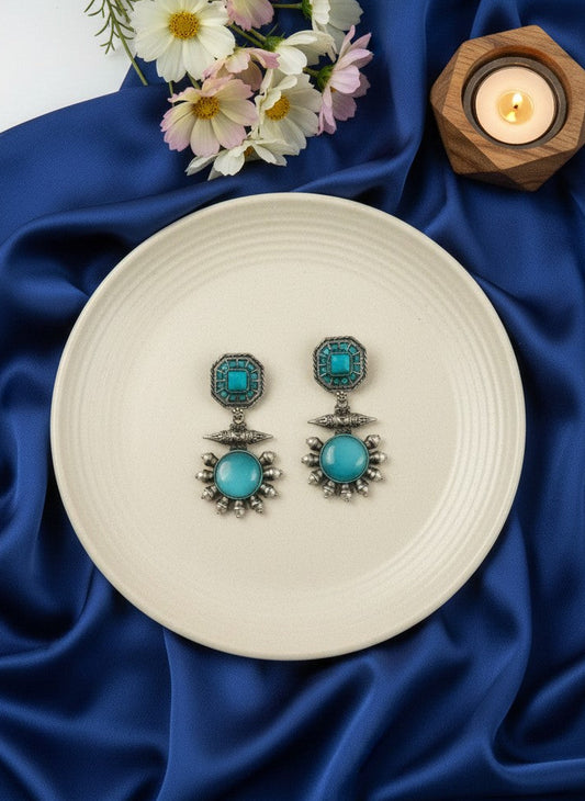 Silver Oxidized Drop Earrings with Monalisa Stone & Pearls for Women