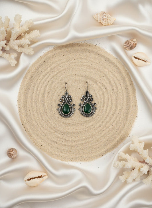 Silver Oxidized Monalisa Stone Hook Earrings for Women