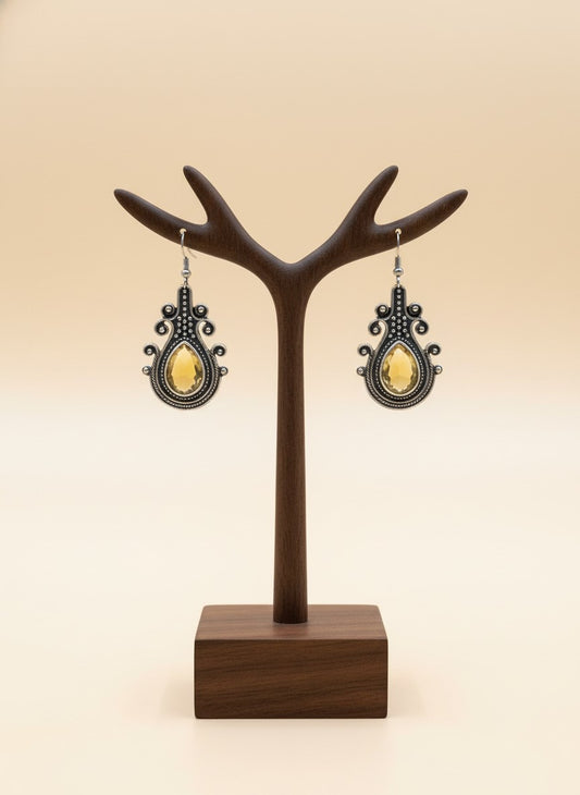 Silver Oxidized Monalisa Stone Hook Earrings for Women