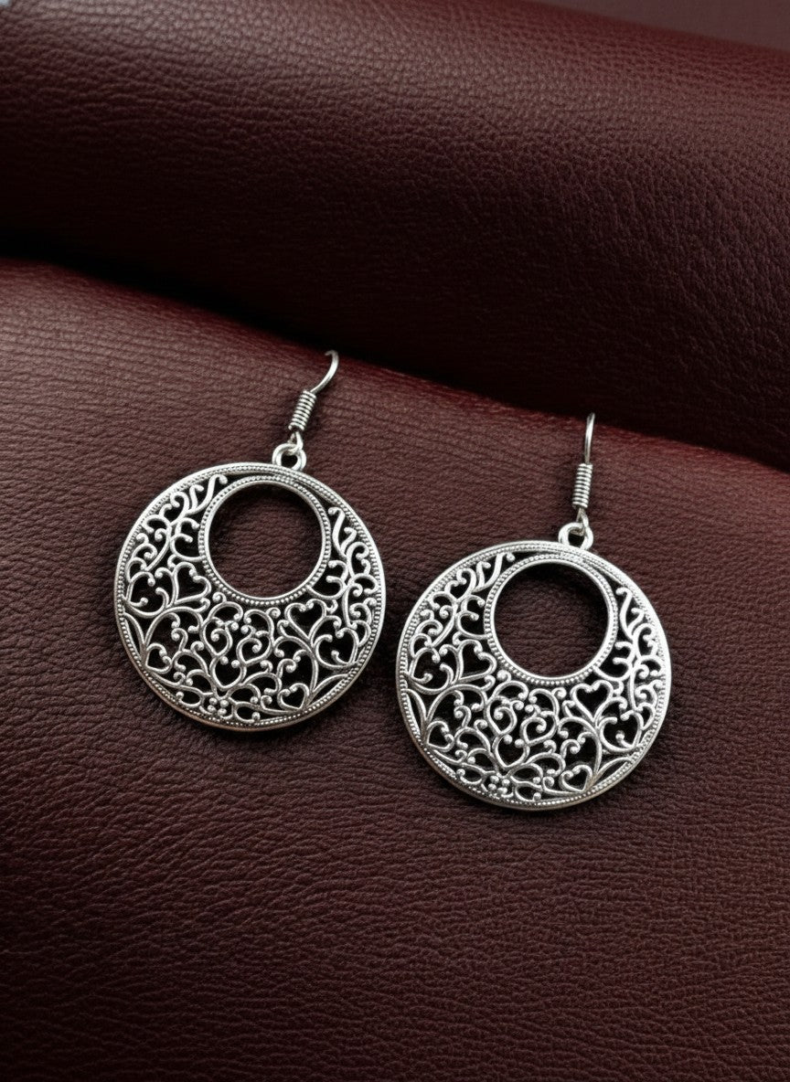 Silver Oxidized Filigree Circle Drop Hook Earrings for Women - All Occasions