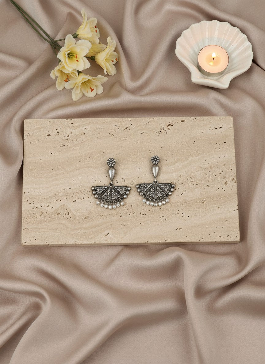 Silver Oxidized Floral Fan Earrings with Pearl Drops for Women - All Occasions