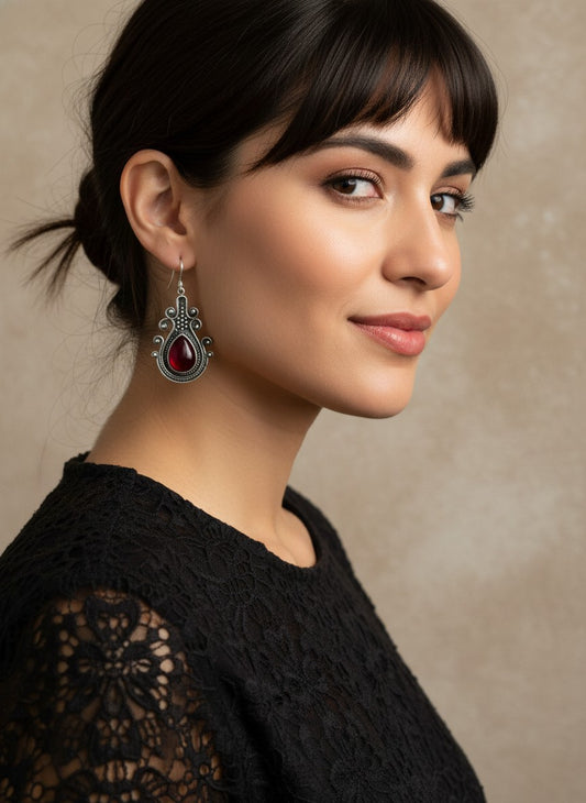 Silver Oxidized Monalisa Stone Hook Earrings for Women