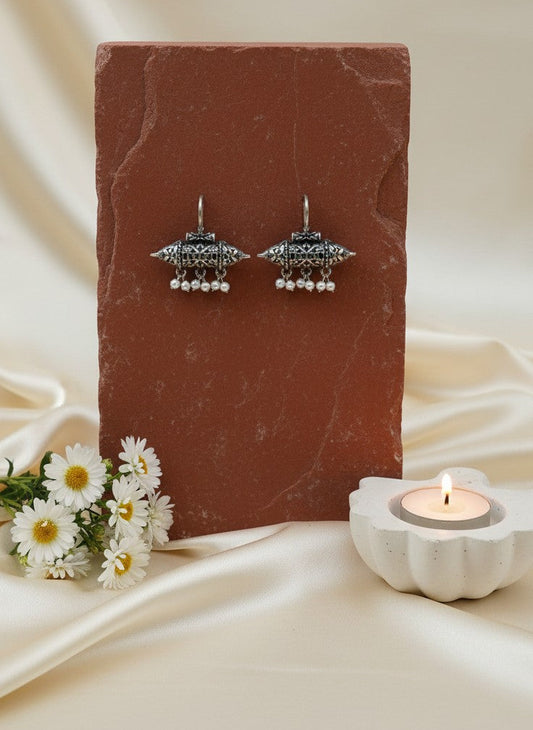 Silver Oxidized Pearl Hook Earrings for Women