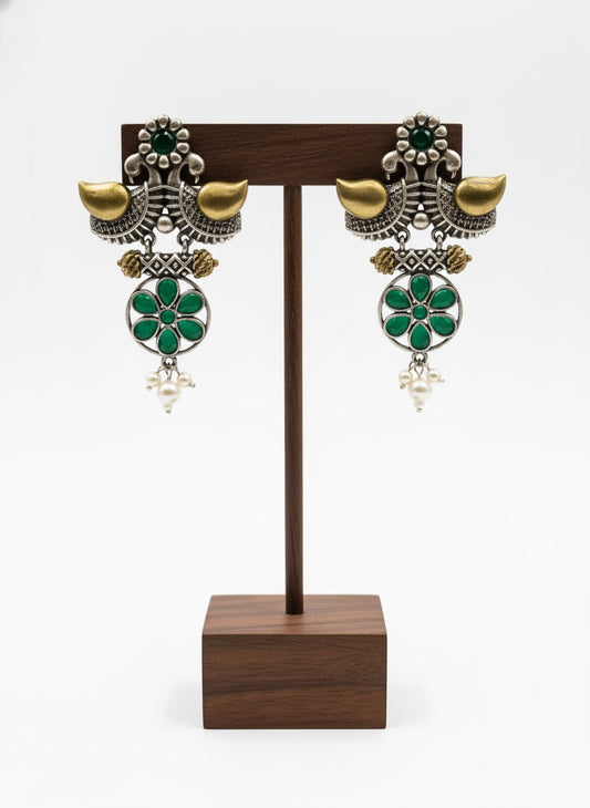 Traditional Two-Tone Oxidized Bird Earrings for Women