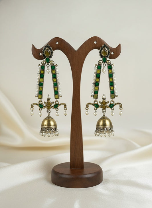 Traditional Long Two-Tone Jhumki Dangler Earrings with Pearl & Stone Work