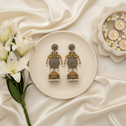 Traditional Two-Tone Parrot Jhumka Dangler Earrings for Women