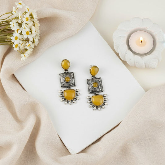 Traditional Silver Oxidized Monalisa Stone Square Dangler Earrings for Women