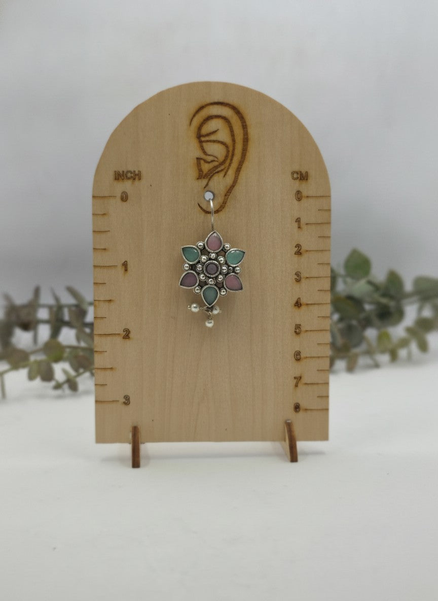 Silver Oxidized Pink & Light Blue Floral Stone Hook Earrings with Pearl Drops for Women - Everyday Wear