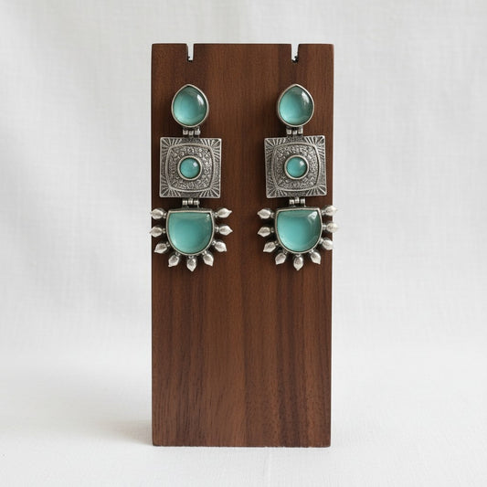 Traditional Silver Oxidized Monalisa Stone Square Dangler Earrings for Women