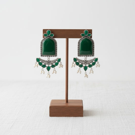 Silver Oxidized Jumbo Stone Dangler Earring for Women