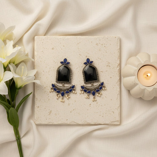 Silver Oxidized Jumbo Stone Dangler Earring for Women