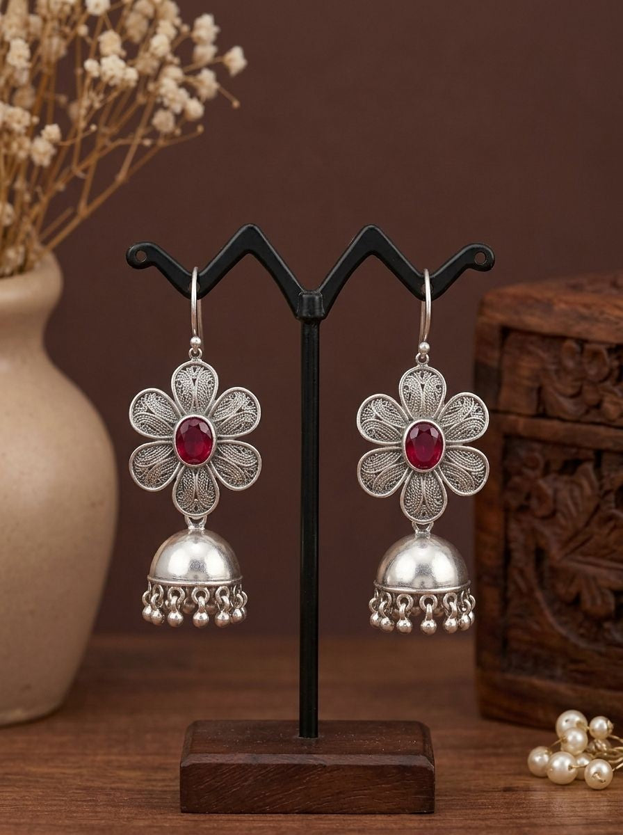 Silver Oxidized Floral Jhumka Earrings with Maroon Stone for Women - Ethnic Everyday Wear