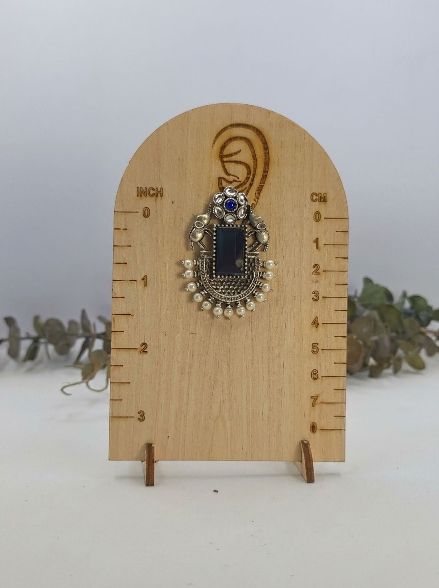 Handcrafted Silver Oxidized Elephant Motif Blue Monalisa Stone Earrings with Pearl Embellishment for Women - Ethnic Wear