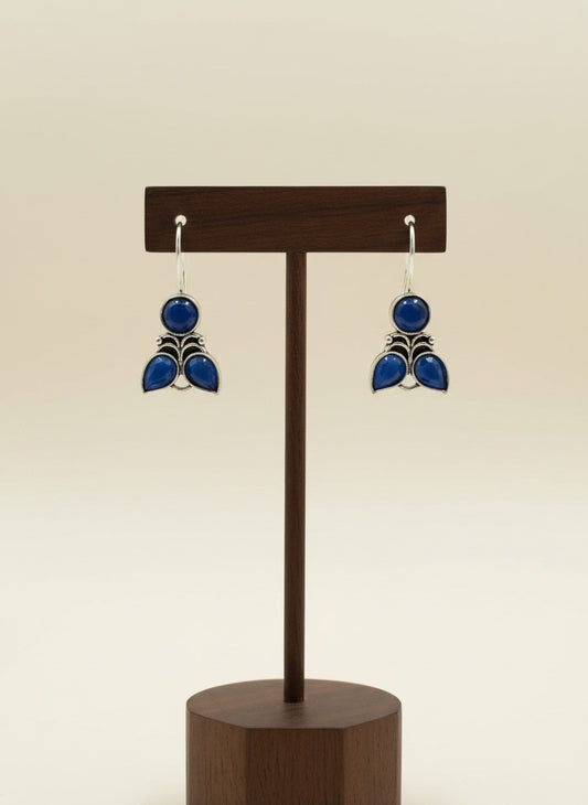 Silver Oxidized Midnight Blue Floral Hook Earrings for Women - Everyday Wear