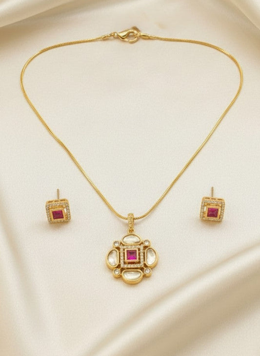 Designer Premium 22k Gold Plated Kundan Stone Pendant Necklace Chain Set with Earrings for Women | Minimal Wear